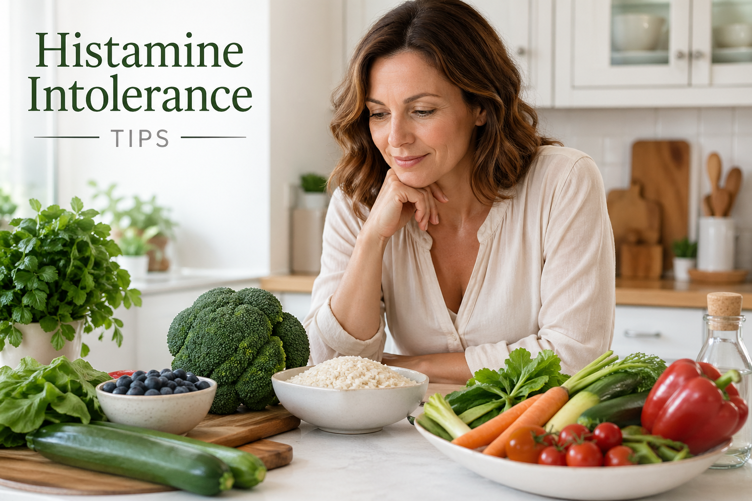 Woman choosing low histamine foods in a healthy kitchen