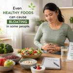 Woman experiencing bloating after eating healthy foods like vegetables, fruits, and oats in a bright kitchen setting