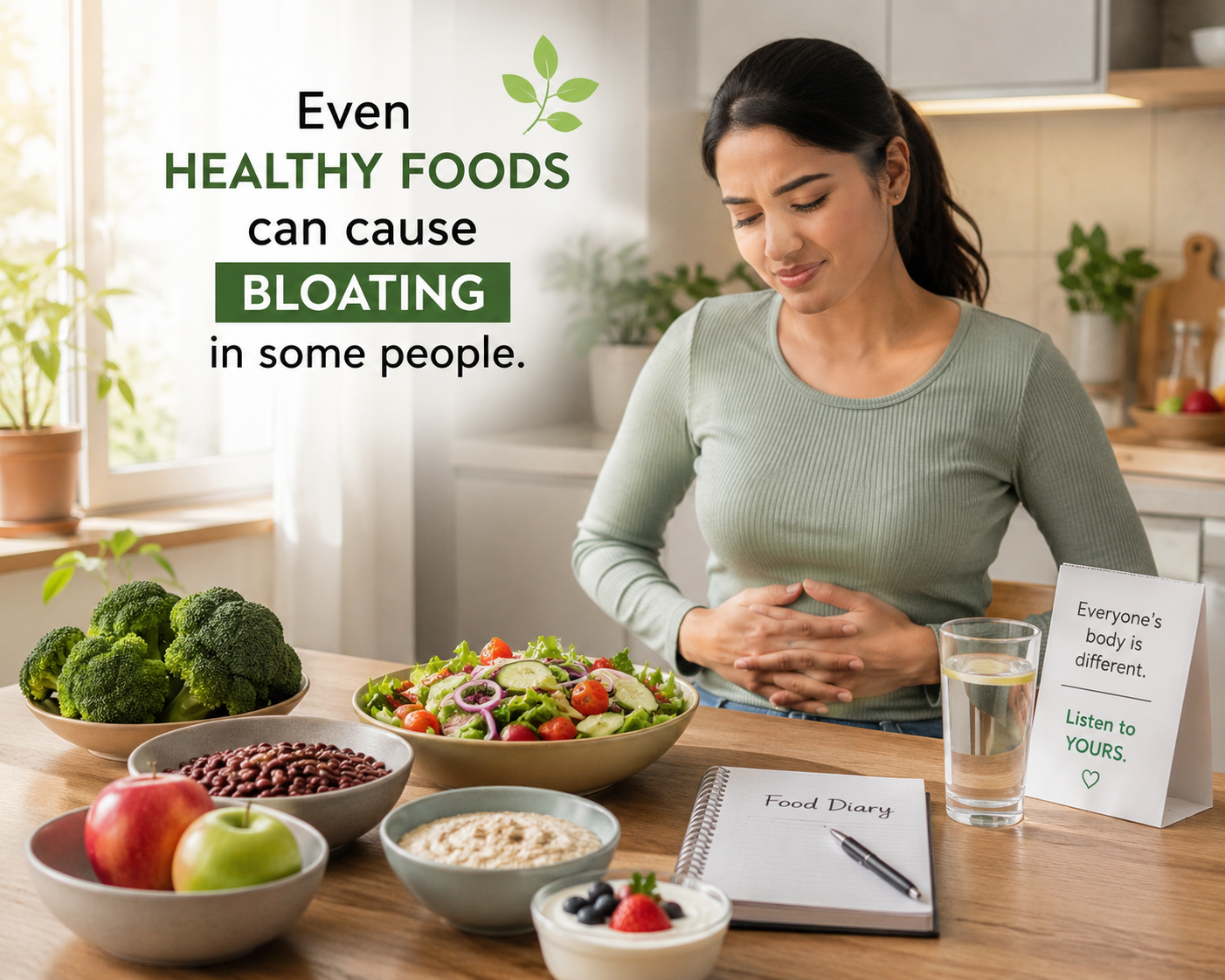 Woman experiencing bloating after eating healthy foods like vegetables, fruits, and oats in a bright kitchen setting