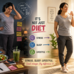 Woman struggling with weight loss despite healthy lifestyle showing stress, poor sleep, and hormonal imbalance factors