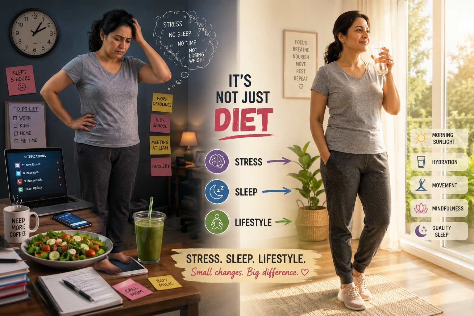 Woman struggling with weight loss despite healthy lifestyle showing stress, poor sleep, and hormonal imbalance factors