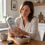 Woman checking oat milk nutrition label while preparing healthy breakfast for diabetes-friendly diet