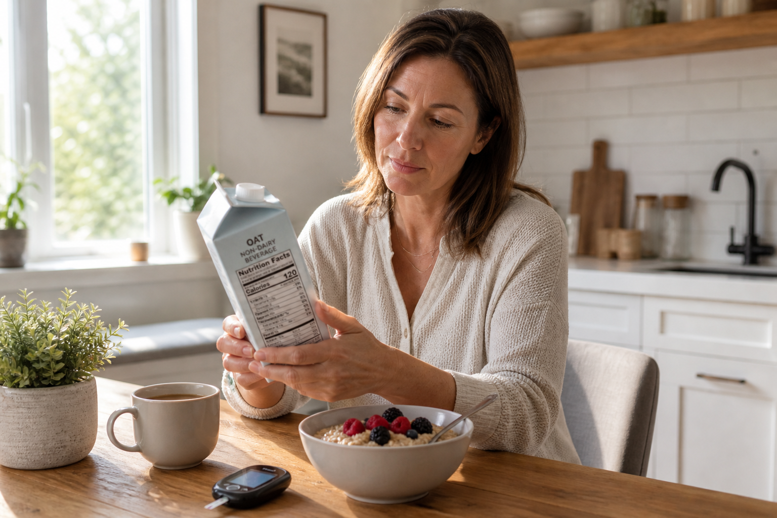 Woman checking oat milk nutrition label while preparing healthy breakfast for diabetes-friendly diet