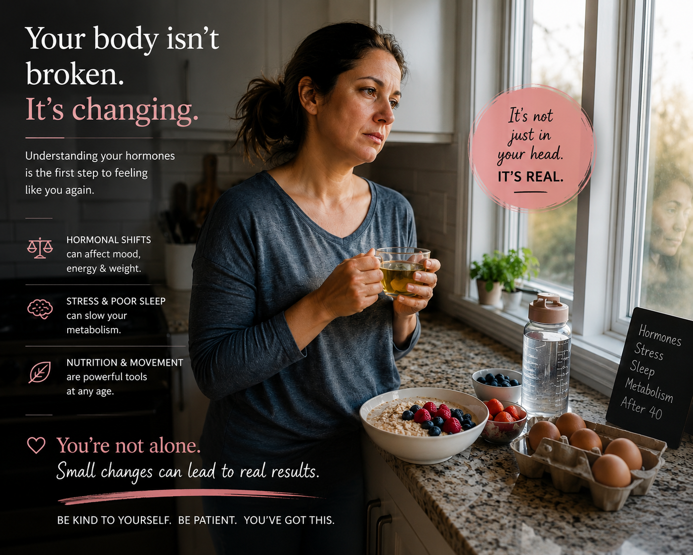Woman over 40 experiencing slow metabolism symptoms and weight gain despite healthy lifestyle habits