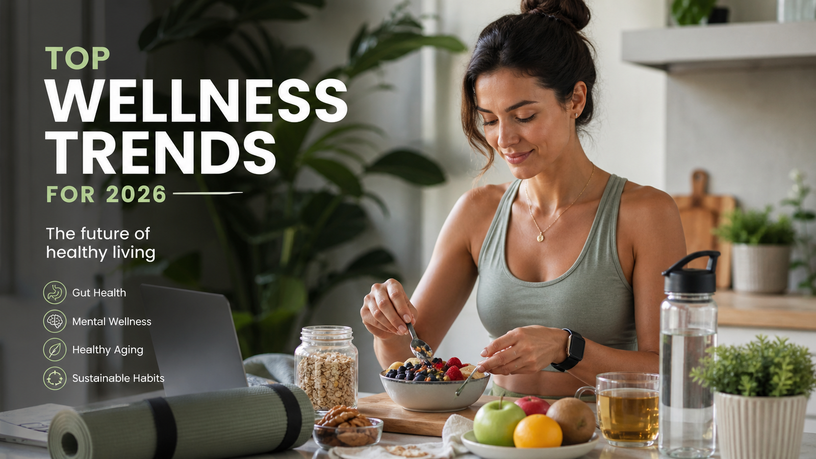 Modern wellness lifestyle trends in 2026 including healthy nutrition, mental wellness, fitness, and balanced living.