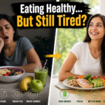 woman feeling tired after eating healthy food with balanced meal comparison for energy levels