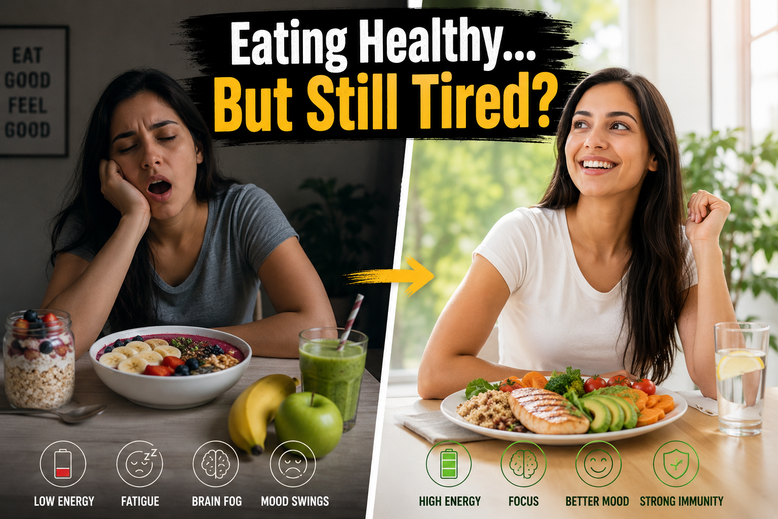 woman feeling tired after eating healthy food with balanced meal comparison for energy levels