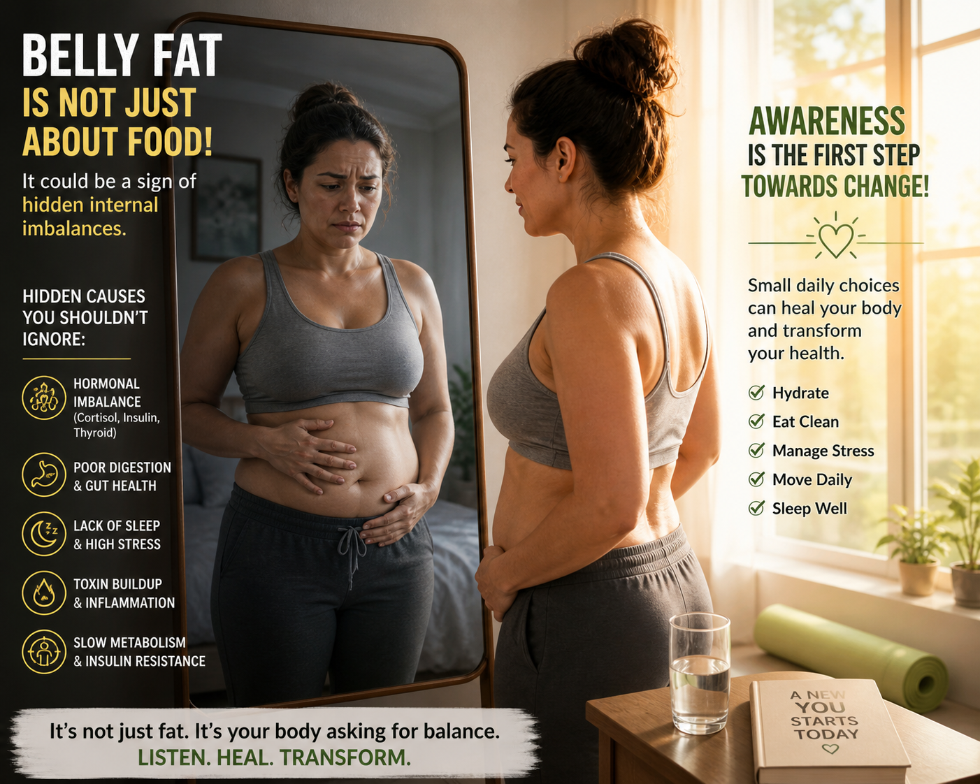 Woman over 40 noticing belly fat in mirror reflecting stress and hormonal weight gain concept
