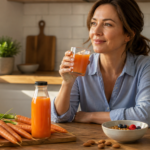 Woman holding fresh carrot juice in healthy morning kitchen