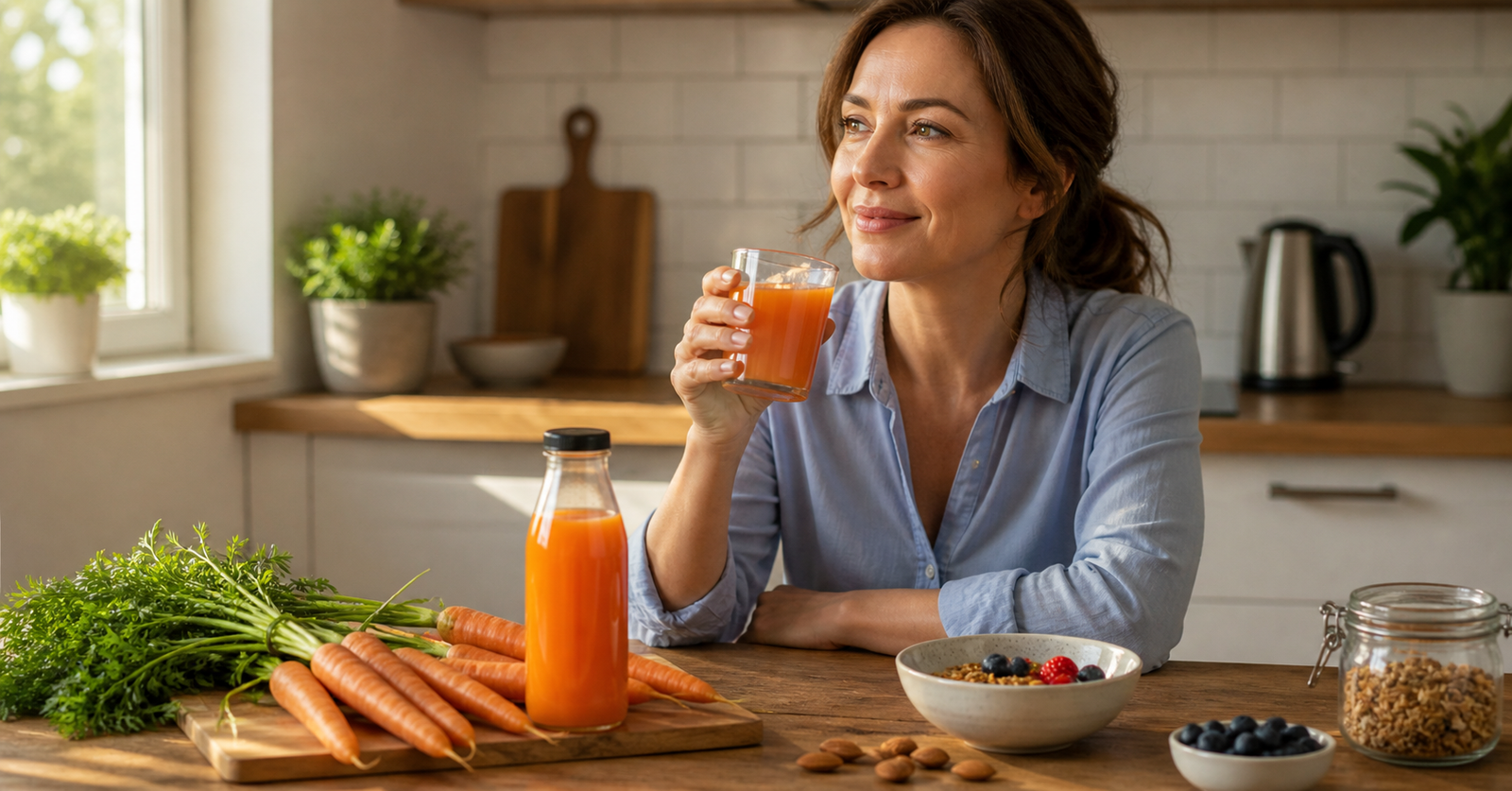 Woman holding fresh carrot juice in healthy morning kitchen